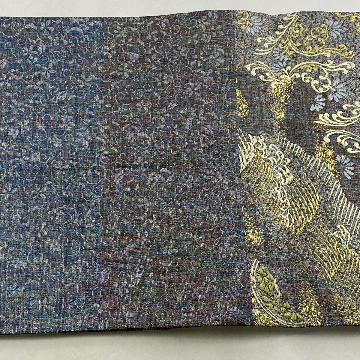 【美品】 袋帶 秀品級 花唐草紋 波 金絲 灰紫 六通 純蠶絲