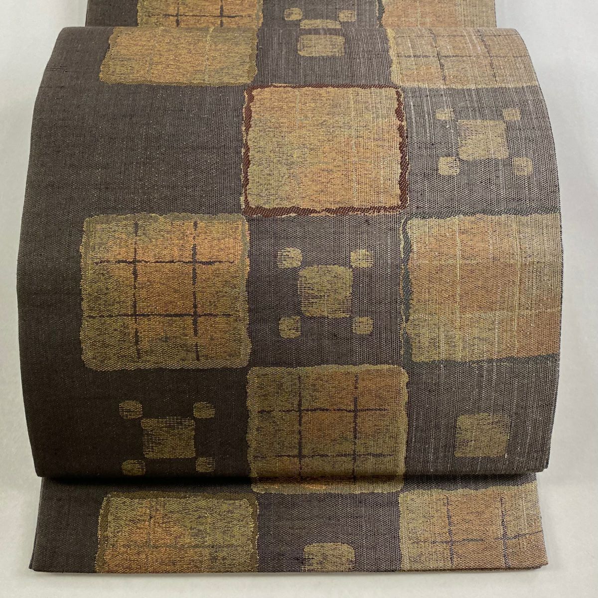 【美品】 袋帶 秀品級 市松樹 幾何圖案 金絲 灰紫 六通 純蠶絲