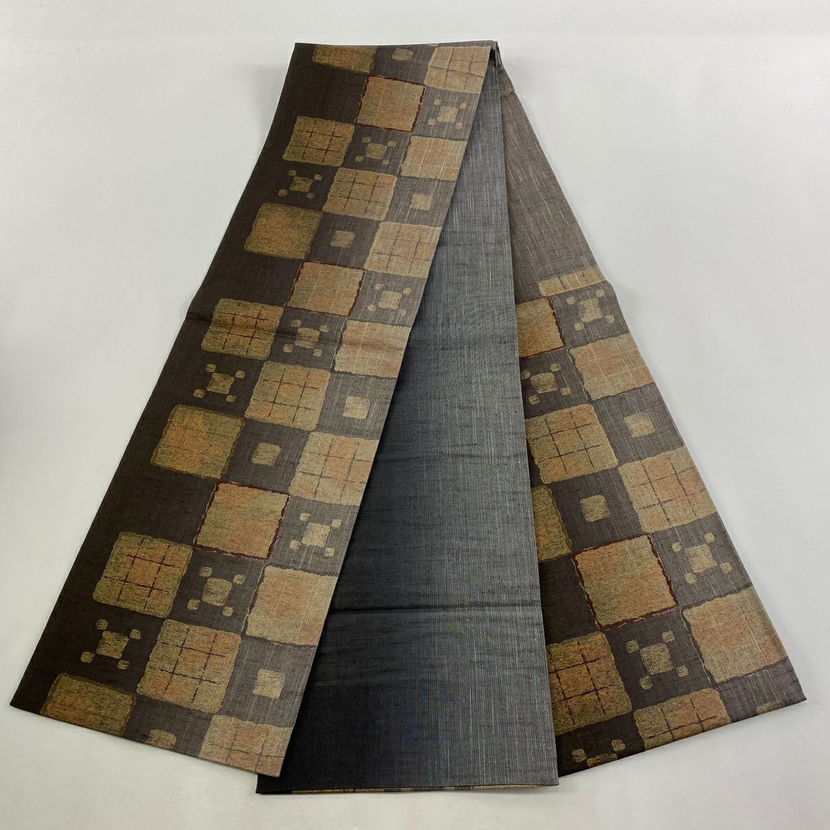 【美品】 袋帶 秀品級 市松樹 幾何圖案 金絲 灰紫 六通 純蠶絲