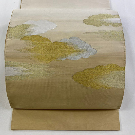 【美品】 名古屋帶 秀品級 八寸名古屋帶 雲文 金銀彩 綴織 米色 純蠶絲