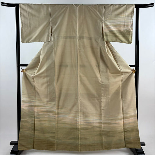 【美品】 付下 身長166.5cm 袖長62cm S 雙層 紬織織 山並 霞 漸層 米色 純蠶絲 優品級