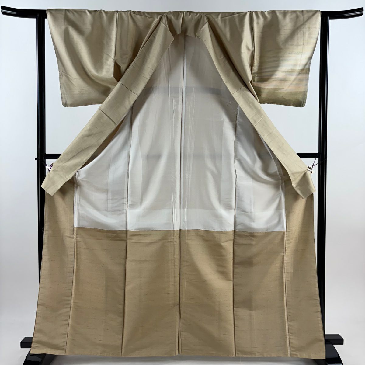 【美品】 付下 身長166.5cm 袖長62cm S 雙層 紬織織 山並 霞 漸層 米色 純蠶絲 優品級