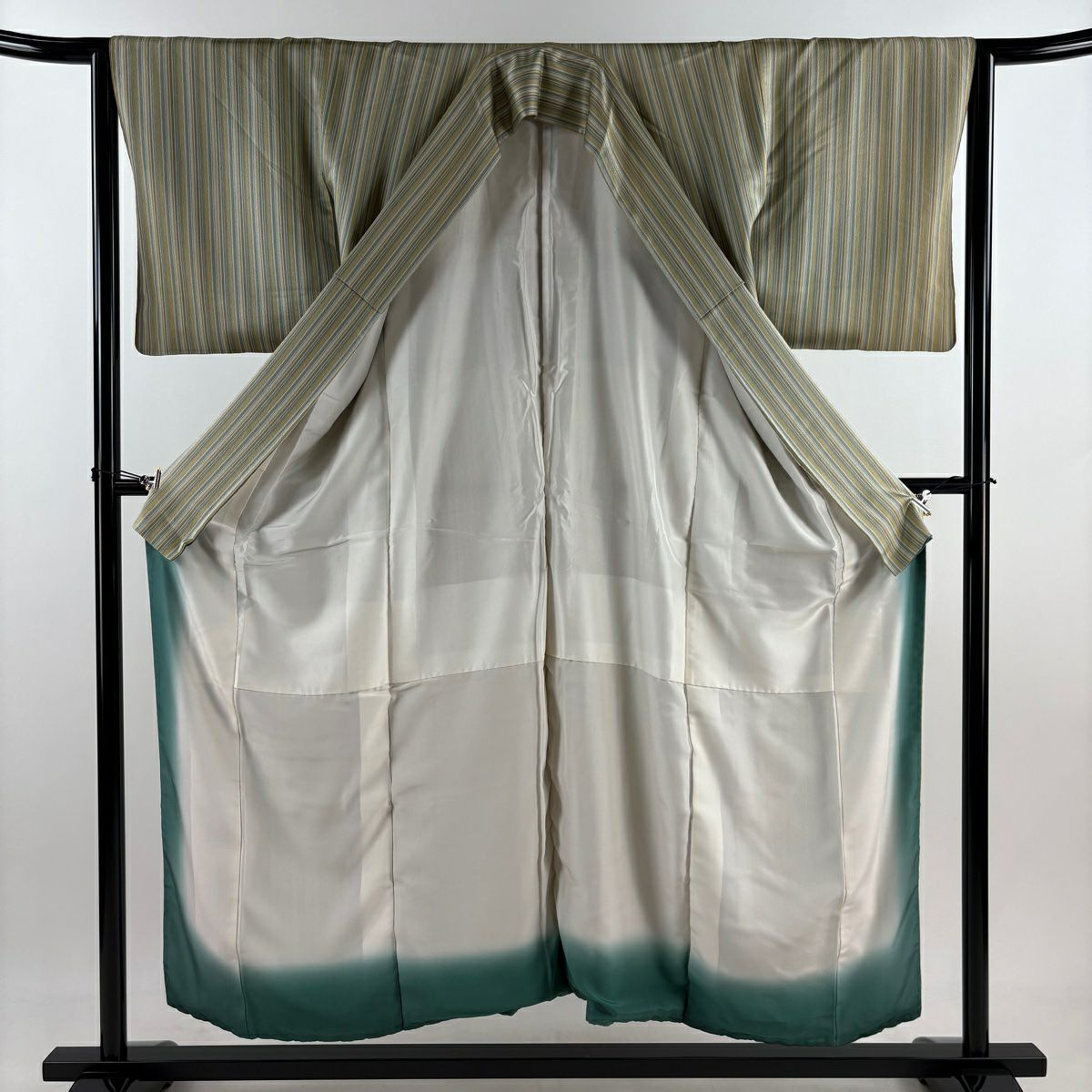 小紋 身長153.5cm 袖長63.5cm S 雙層 縱條 灰綠 純蠶絲 秀品級