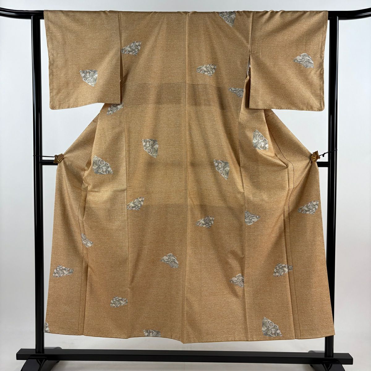【美品】 小紋 身長152cm 袖長62cm S 雙層 紬織織 鳥 枝葉 薄茶 純蠶絲 秀品級
