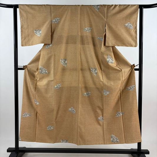 【美品】 小紋 身長152cm 袖長62cm S 雙層 紬織織 鳥 枝葉 薄茶 純蠶絲 秀品級