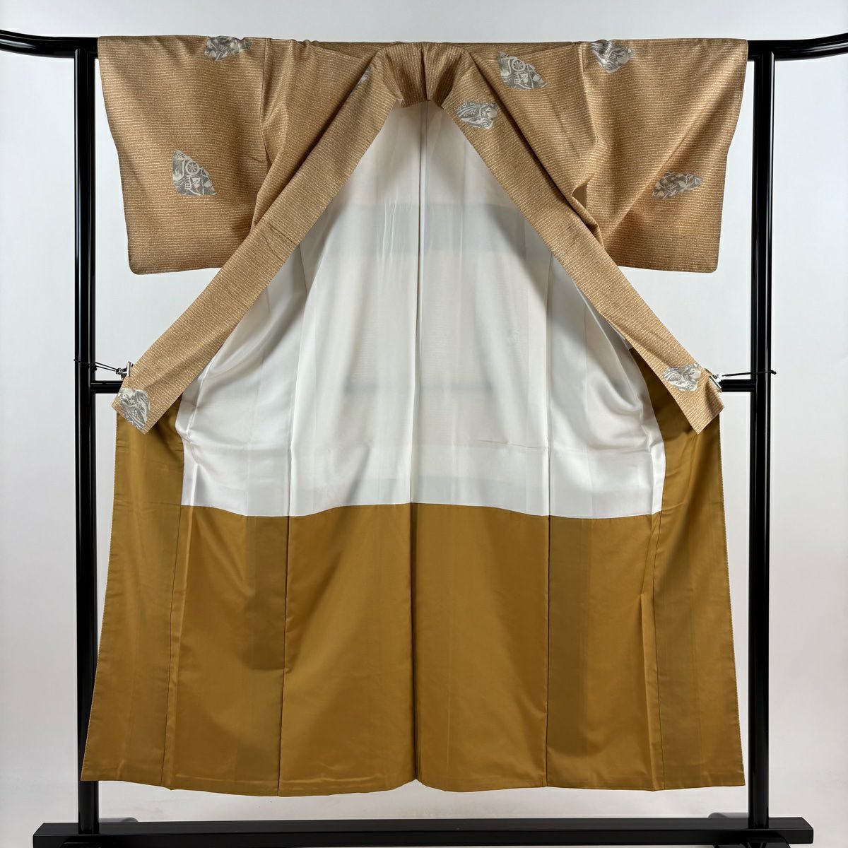 【美品】 小紋 身長152cm 袖長62cm S 雙層 紬織織 鳥 枝葉 薄茶 純蠶絲 秀品級