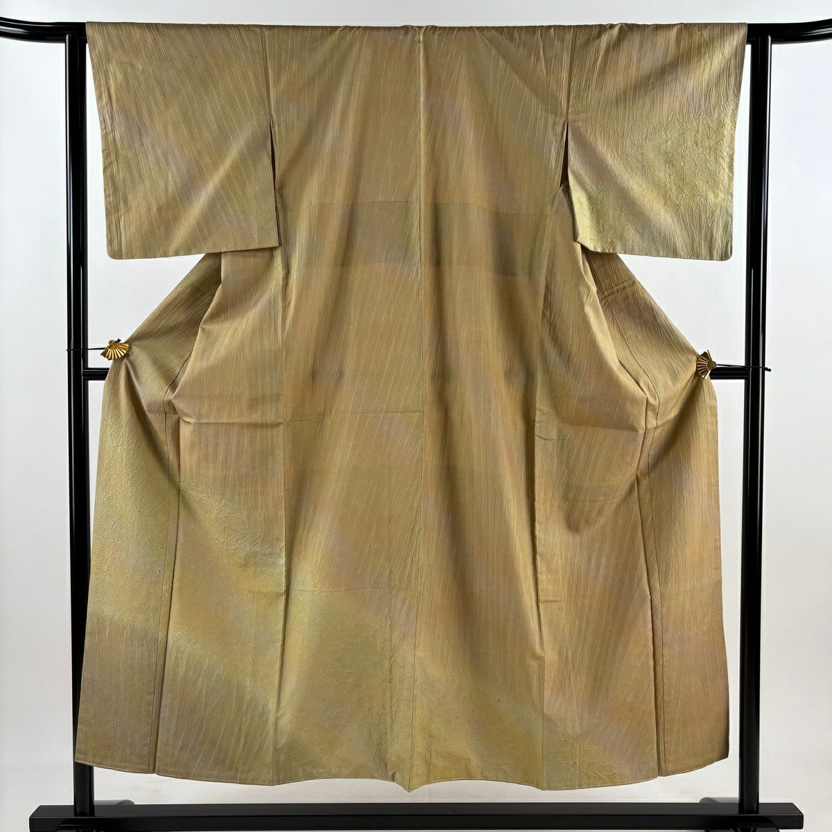 【美品】付下 身長152.5cm 袖長62.5cm S 雙層 紬織織 ますいわ屋 幾何學 漸層 茶綠 純蠶絲 名品級