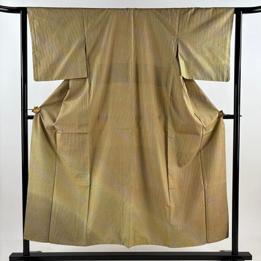 【美品】付下 身長152.5cm 袖長62.5cm S 雙層 紬織織 ますいわ屋 幾何學 漸層 茶綠 純蠶絲 名品級