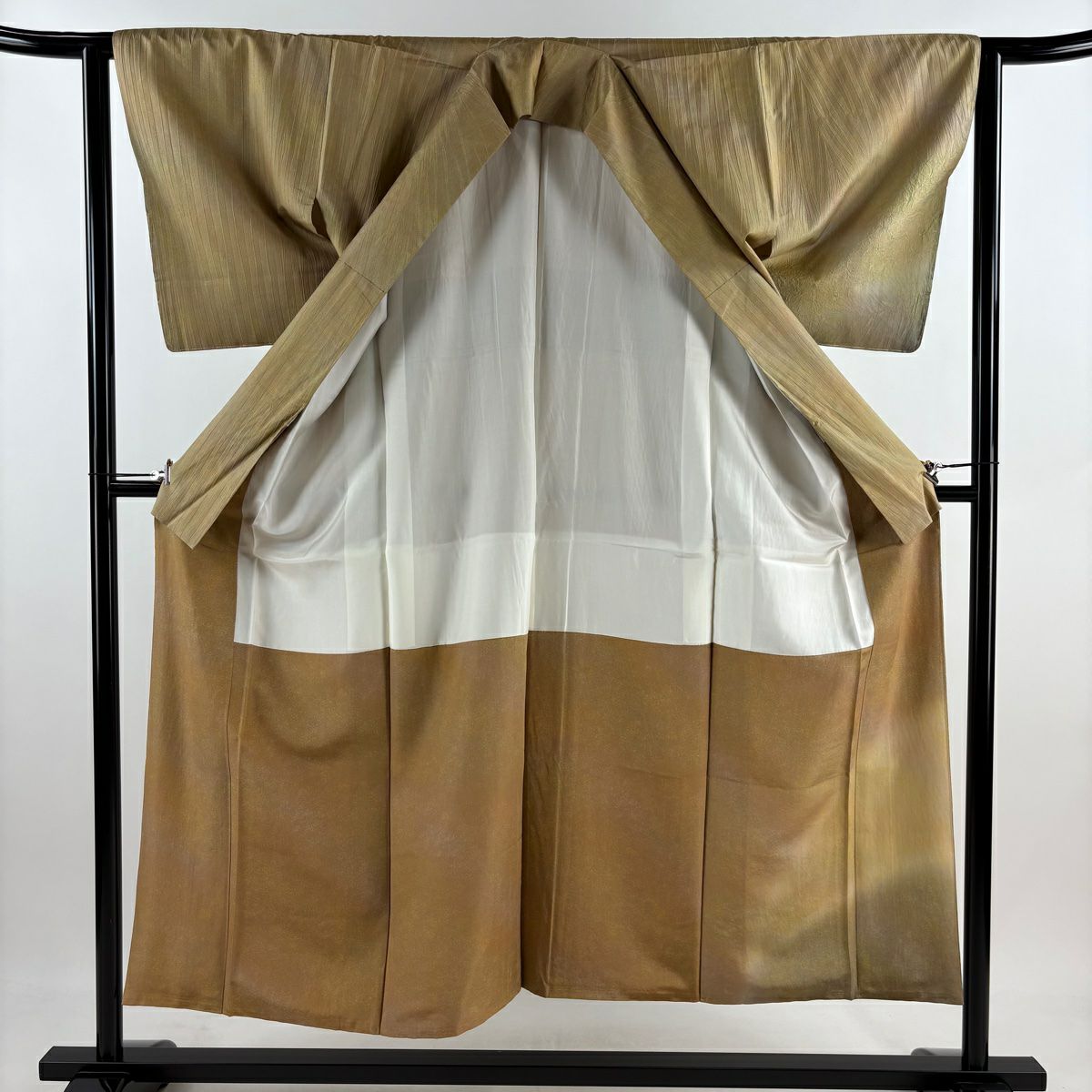 【美品】付下 身長152.5cm 袖長62.5cm S 雙層 紬織織 ますいわ屋 幾何學 漸層 茶綠 純蠶絲 名品級