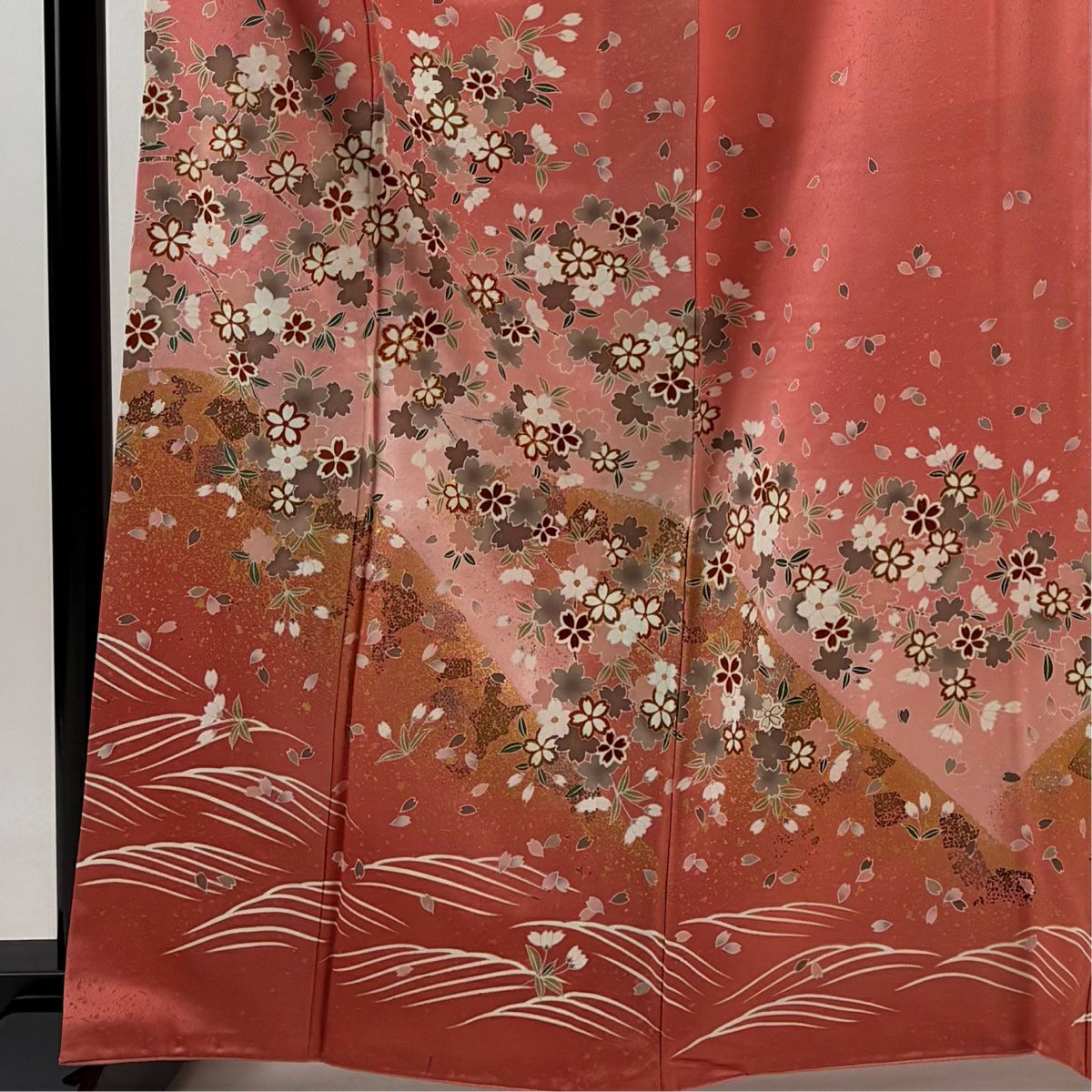 訪問服 身長164.5cm 袖長65.5cm M 雙層 櫻花 波紋 金銀彩 漸層 粉紅 純蠶絲 優品級