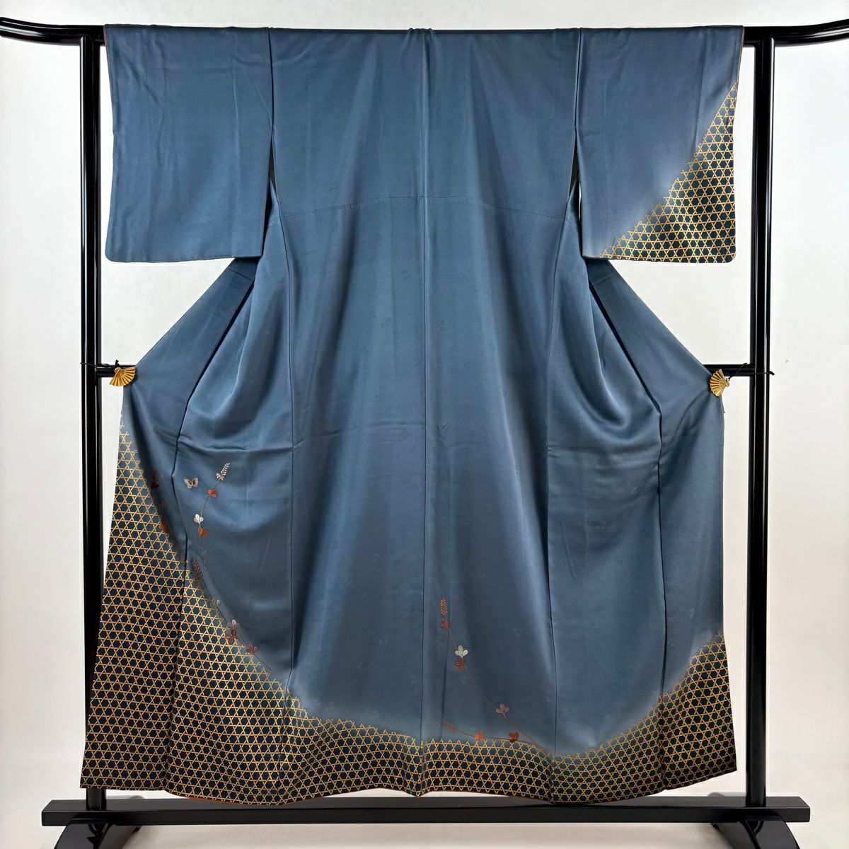 付下 身長156.5cm 袖長62cm S 雙層 籠目 蝶 刺繡 金彩裝飾 青灰 純蠶絲 秀品級