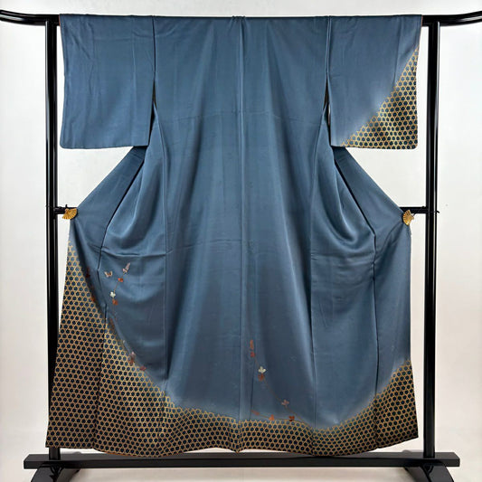 付下 身長156.5cm 袖長62cm S 雙層 籠目 蝶 刺繡 金彩裝飾 青灰 純蠶絲 秀品級
