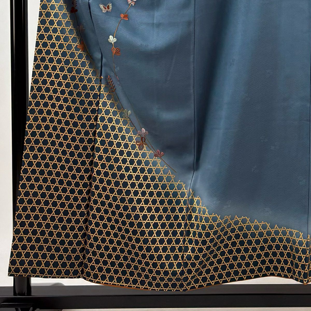 付下 身長156.5cm 袖長62cm S 雙層 籠目 蝶 刺繡 金彩裝飾 青灰 純蠶絲 秀品級