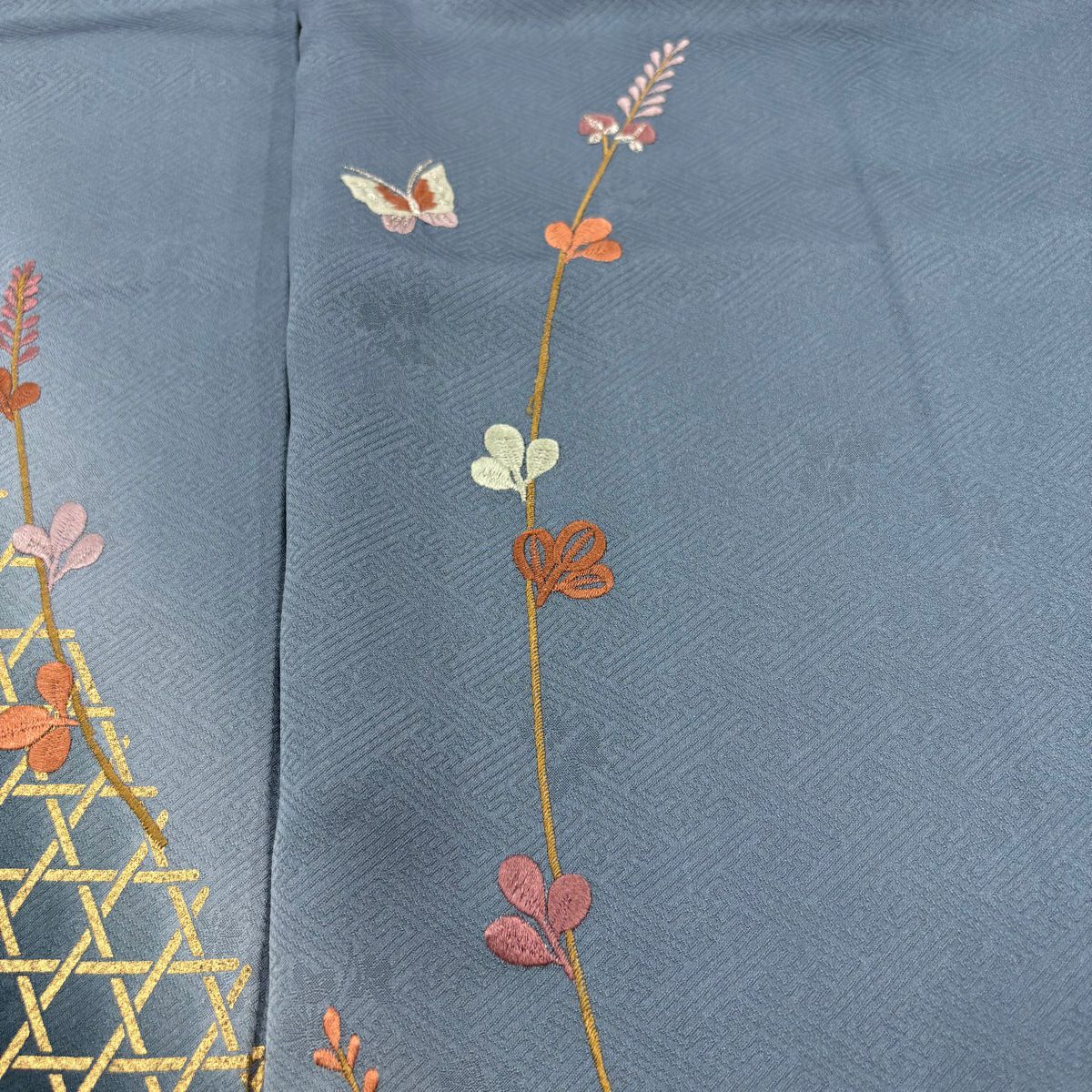 付下 身長156.5cm 袖長62cm S 雙層 籠目 蝶 刺繡 金彩裝飾 青灰 純蠶絲 秀品級
