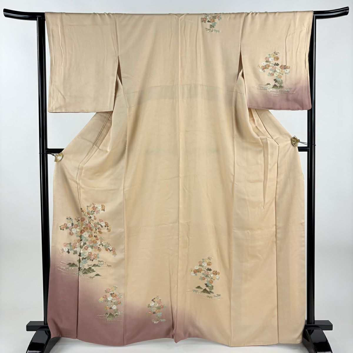 付下 身長165.5cm 袖長65.5cm M 雙層 菊花 観世水 金糸 漸層 淺橙 純蠶絲 優品級