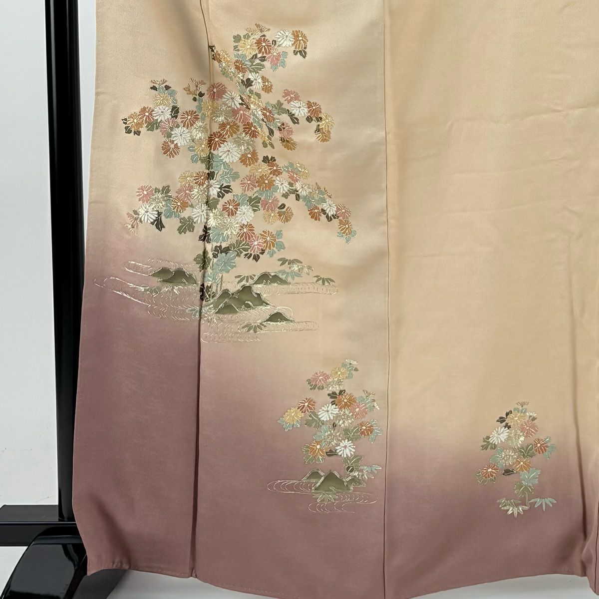 付下 身長165.5cm 袖長65.5cm M 雙層 菊花 観世水 金糸 漸層 淺橙 純蠶絲 優品級