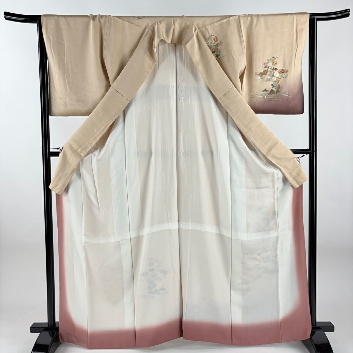 付下 身長165.5cm 袖長65.5cm M 雙層 菊花 観世水 金糸 漸層 淺橙 純蠶絲 優品級