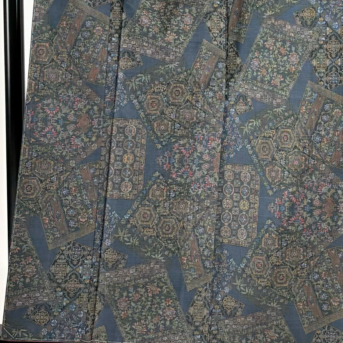 紬織 身長159cm 袖長63.5cm S 雙層 草花紋紋 色紙 深藍 純蠶絲 秀品級