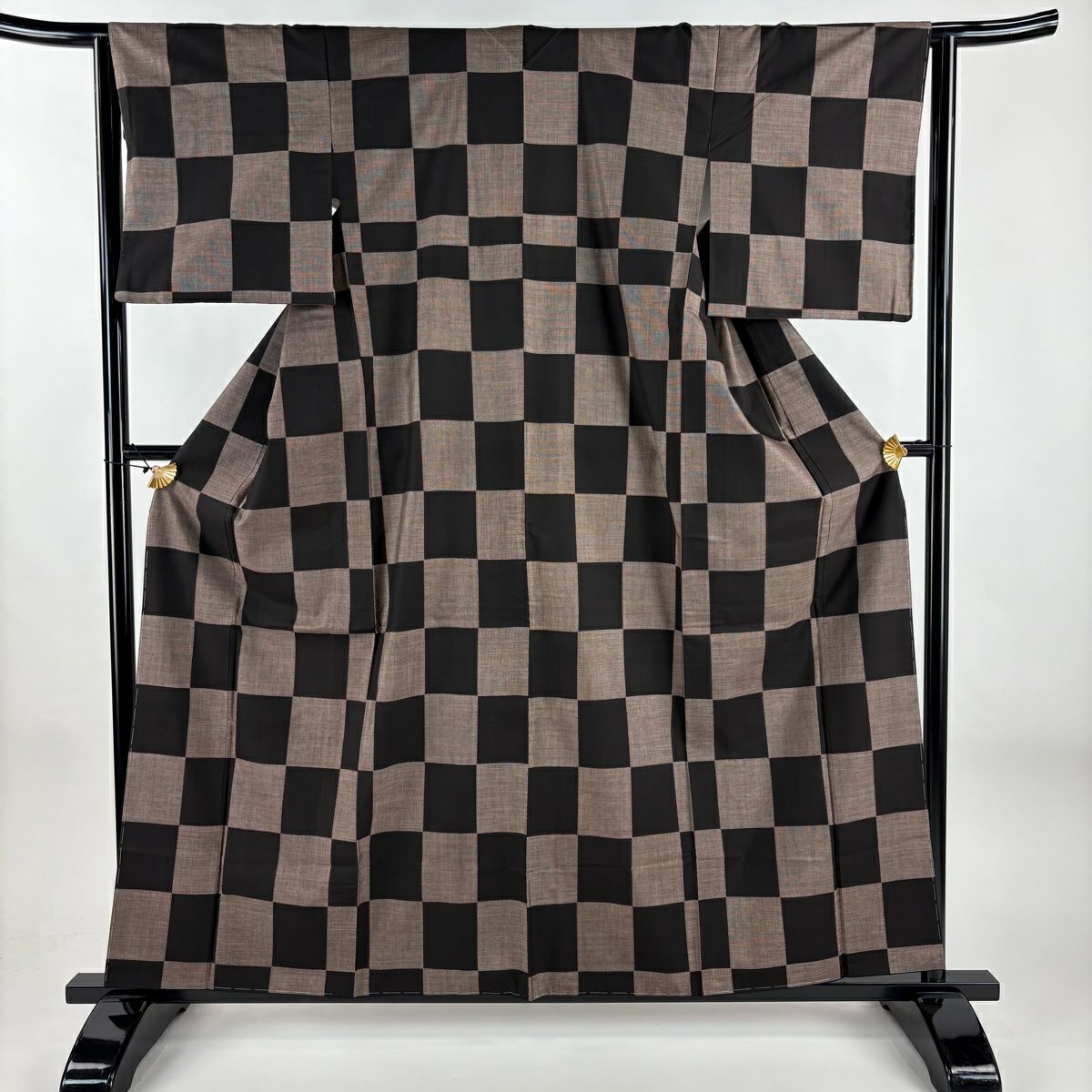 【美品】 紬織 身長160cm 袖長63cm S 雙層 市松樹 焦茶 純蠶絲 秀品級
