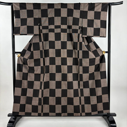 【美品】 紬織 身長160cm 袖長63cm S 雙層 市松樹 焦茶 純蠶絲 秀品級