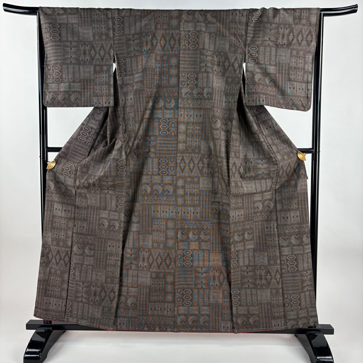 【美品】 紬織 身長159.5cm 袖長66cm M 雙層 線卷 幾何圖案 焦茶 純蠶絲 優品級