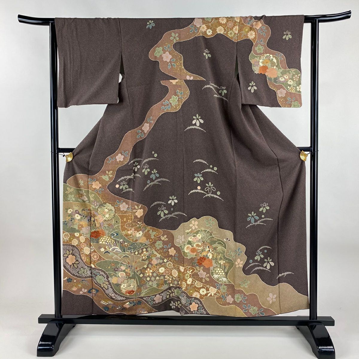 【美品】訪問服 身長156.5cm 袖長63cm S 雙層 御所車 草花紋 金彩裝飾 茶紫 純蠶絲 名品級