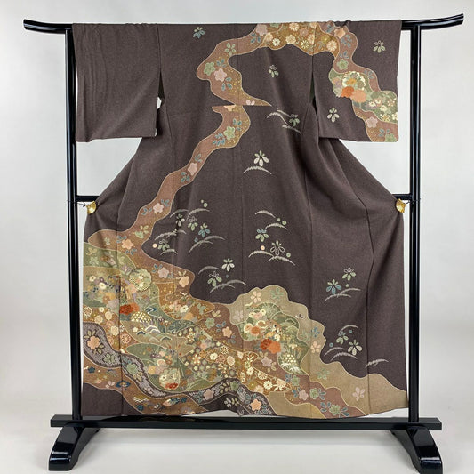 【美品】訪問服 身長156.5cm 袖長63cm S 雙層 御所車 草花紋 金彩裝飾 茶紫 純蠶絲 名品級