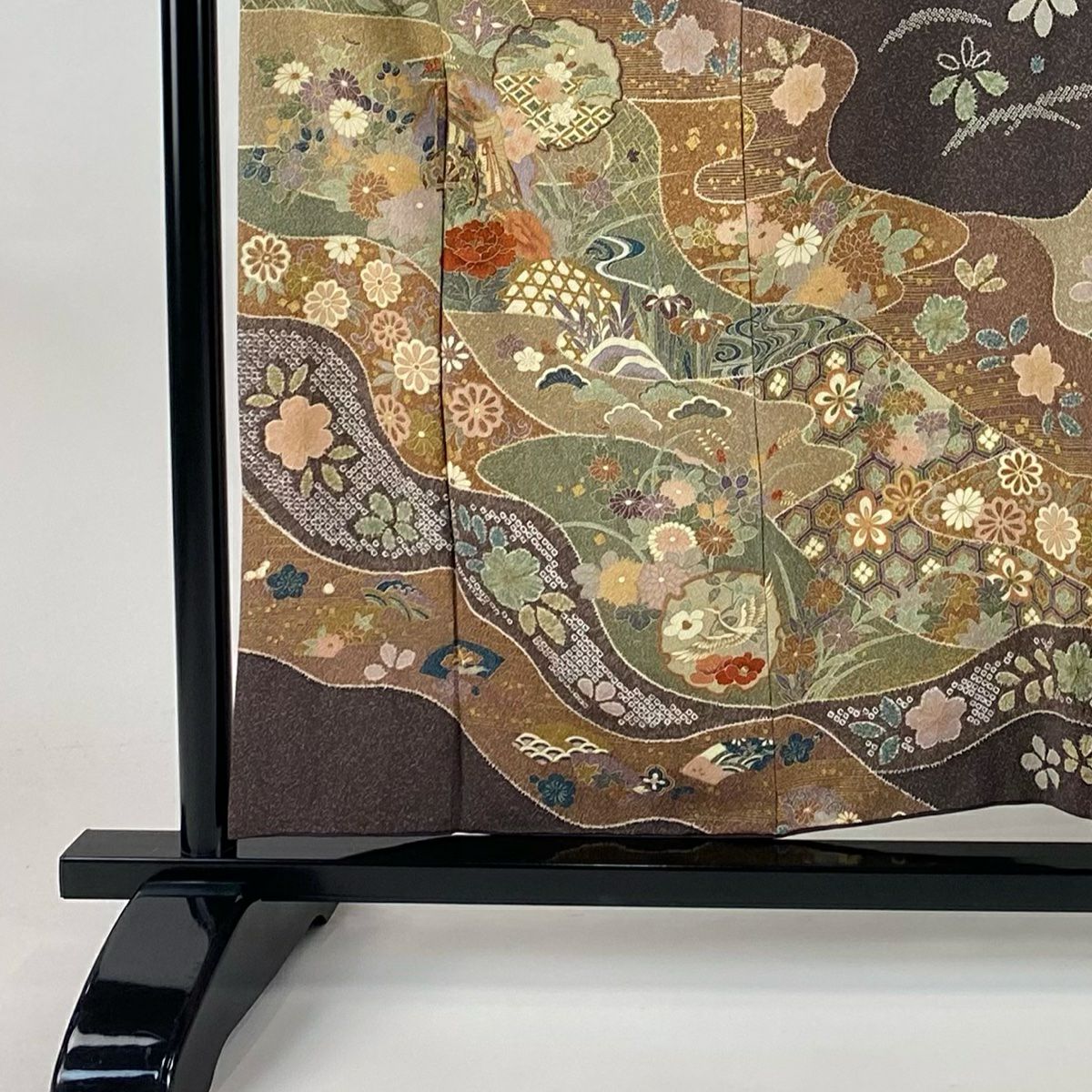 【美品】訪問服 身長156.5cm 袖長63cm S 雙層 御所車 草花紋 金彩裝飾 茶紫 純蠶絲 名品級