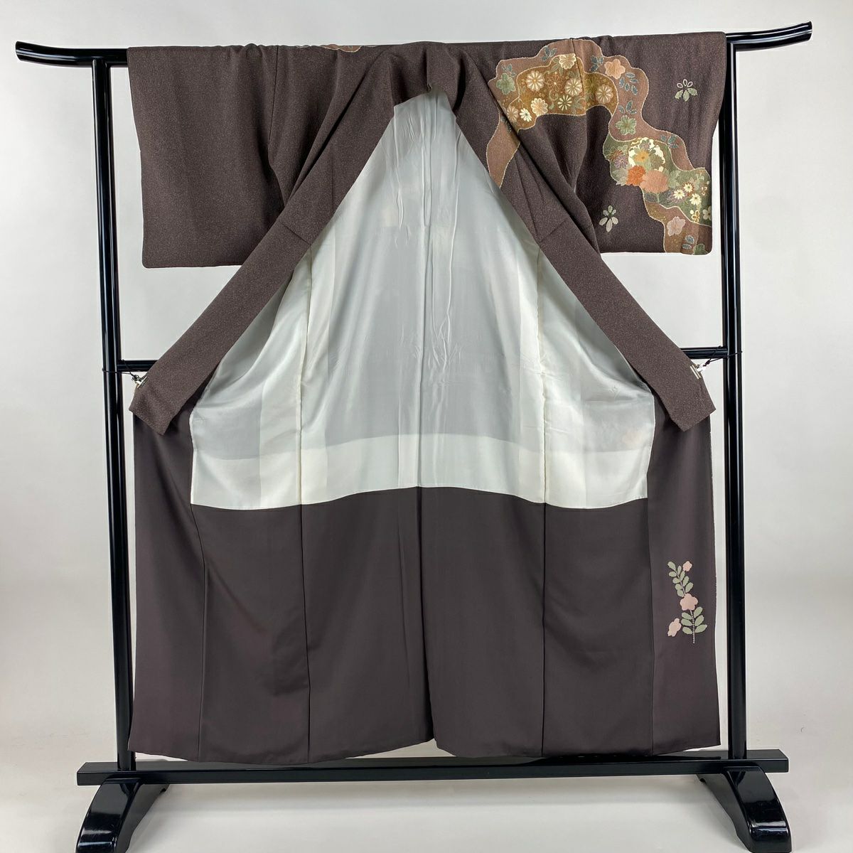 【美品】訪問服 身長156.5cm 袖長63cm S 雙層 御所車 草花紋 金彩裝飾 茶紫 純蠶絲 名品級