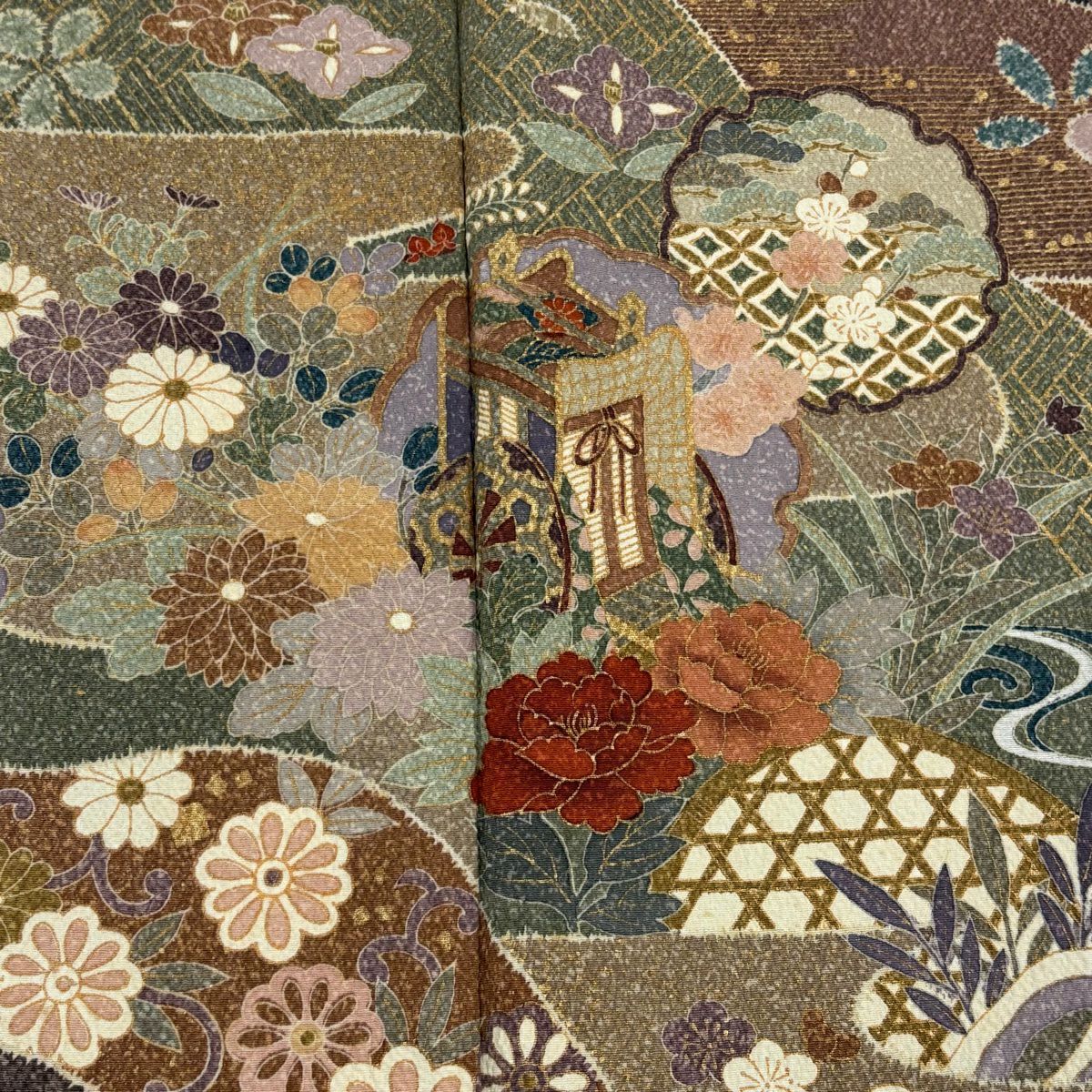 【美品】訪問服 身長156.5cm 袖長63cm S 雙層 御所車 草花紋 金彩裝飾 茶紫 純蠶絲 名品級