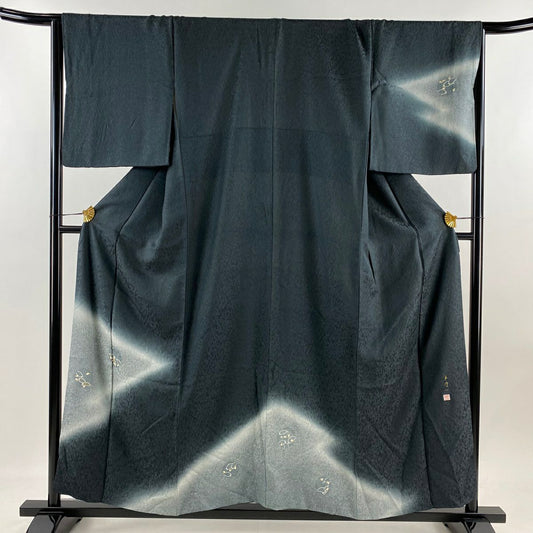 付下 身長156.5cm 袖長67cm M 雙層 林淳一 落款 櫻花花瓣 幾何學 金銀彩 深綠 純蠶絲 名品級