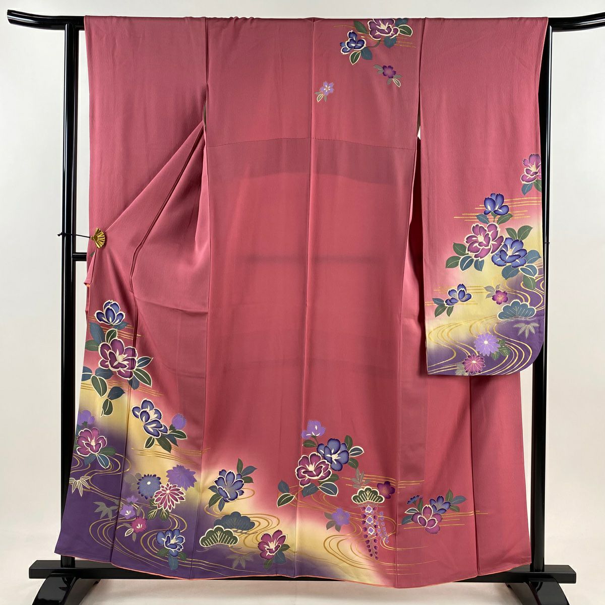 振袖禮服 身長159cm 袖長65cm M 雙層 椿 流水 金彩裝飾 漸層 粉紅 純蠶絲 名品級
