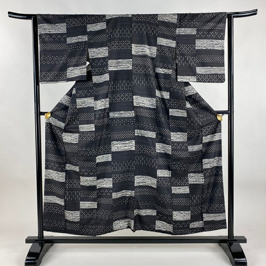 【美品】 小紋 身長155cm 袖長64cm M 雙層 紬織織 葉柄 波 黑灰 純蠶絲 名品級