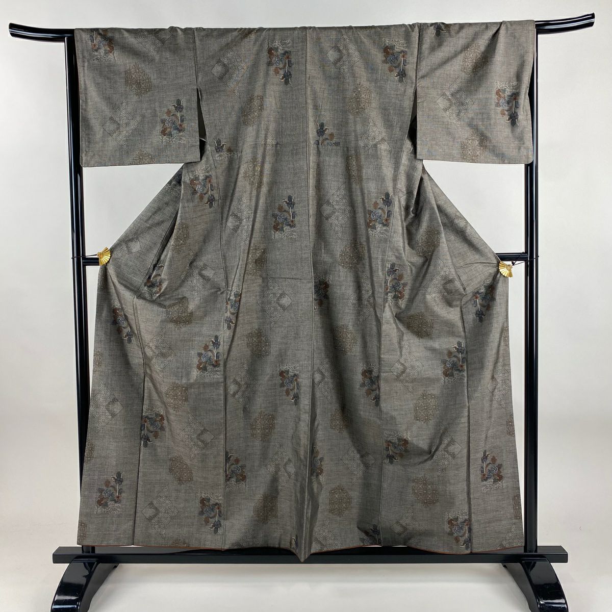 【美品】 紬織 身長159cm 袖長67cm M 雙層 草花紋紋 麻葉 灰茶 純蠶絲 名品級