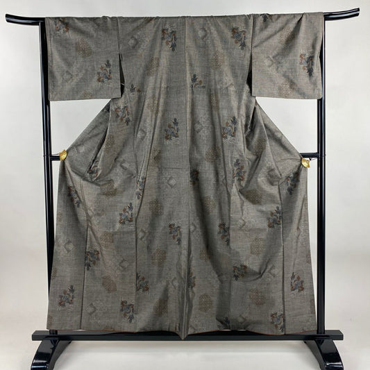 【美品】 紬織 身長159cm 袖長67cm M 雙層 草花紋紋 麻葉 灰茶 純蠶絲 名品級