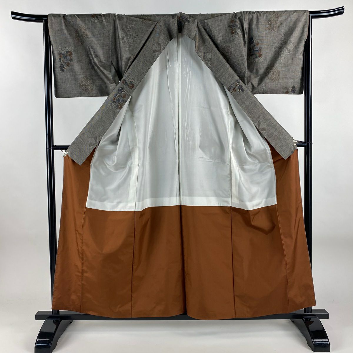 【美品】 紬織 身長159cm 袖長67cm M 雙層 草花紋紋 麻葉 灰茶 純蠶絲 名品級