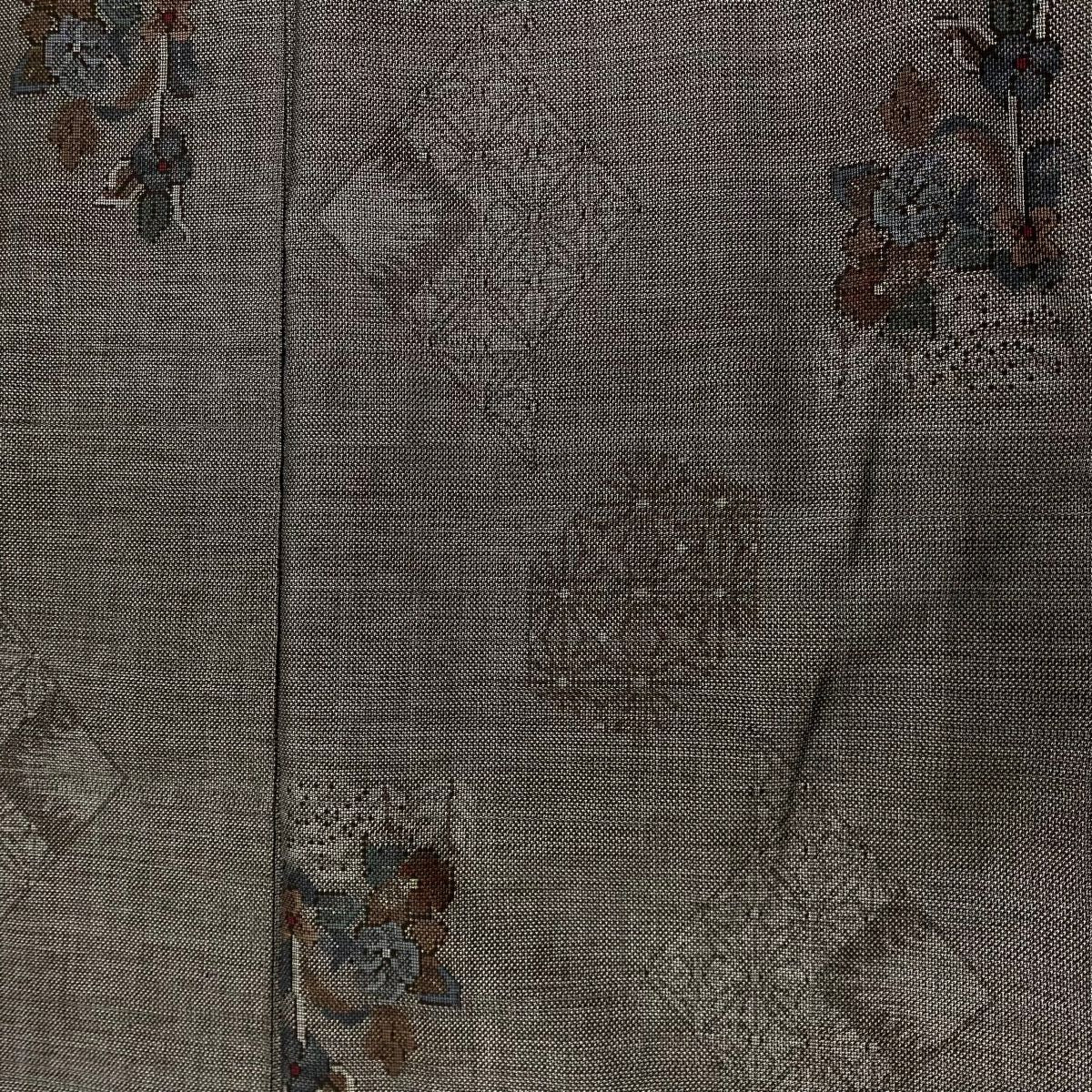 【美品】 紬織 身長159cm 袖長67cm M 雙層 草花紋紋 麻葉 灰茶 純蠶絲 名品級