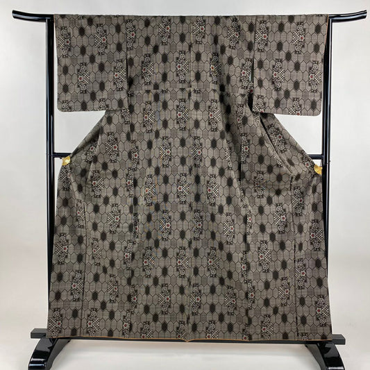 【美品】 大島紬織 身長160cm 袖長65cm M 雙層 純泥染 證書在側 龜甲 焦茶 正蠶絲 名品級