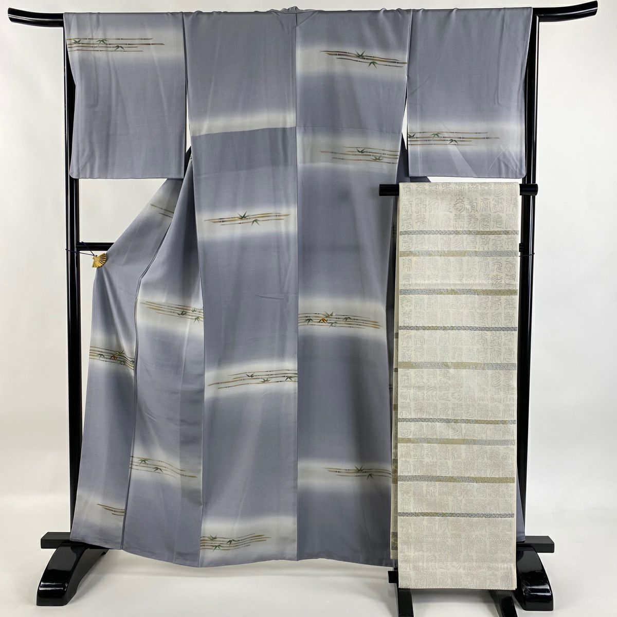 【美品】 付下 身長162cm 袖長65.5cm M 雙層 袋帶套裝 ほていや 竹子 螺鈿 金銀彩 青灰 純蠶絲 名品級
