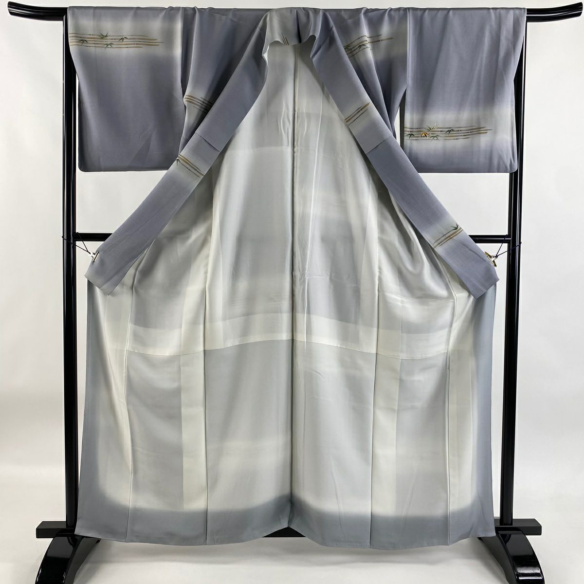 【美品】 付下 身長162cm 袖長65.5cm M 雙層 袋帶套裝 ほていや 竹子 螺鈿 金銀彩 青灰 純蠶絲 名品級