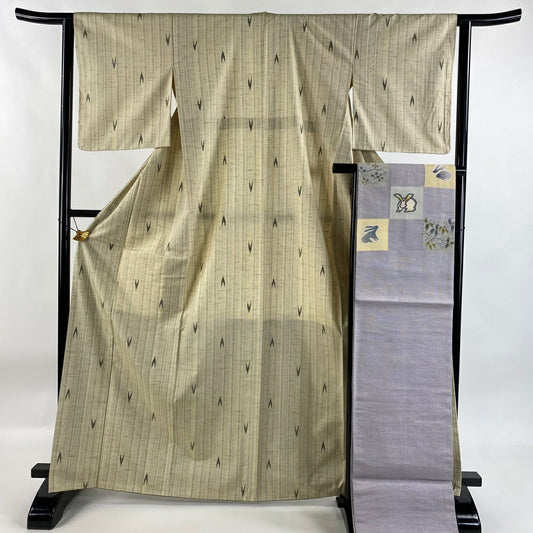 【美品】 紬織 身長166.5cm 袖長62cm S 雙層 袋帶套裝 垂直條紋 幾何圖案 米色 純蠶絲 名品級