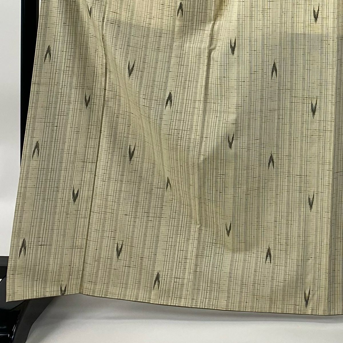 【美品】 紬織 身長166.5cm 袖長62cm S 雙層 袋帶套裝 垂直條紋 幾何圖案 米色 純蠶絲 名品級