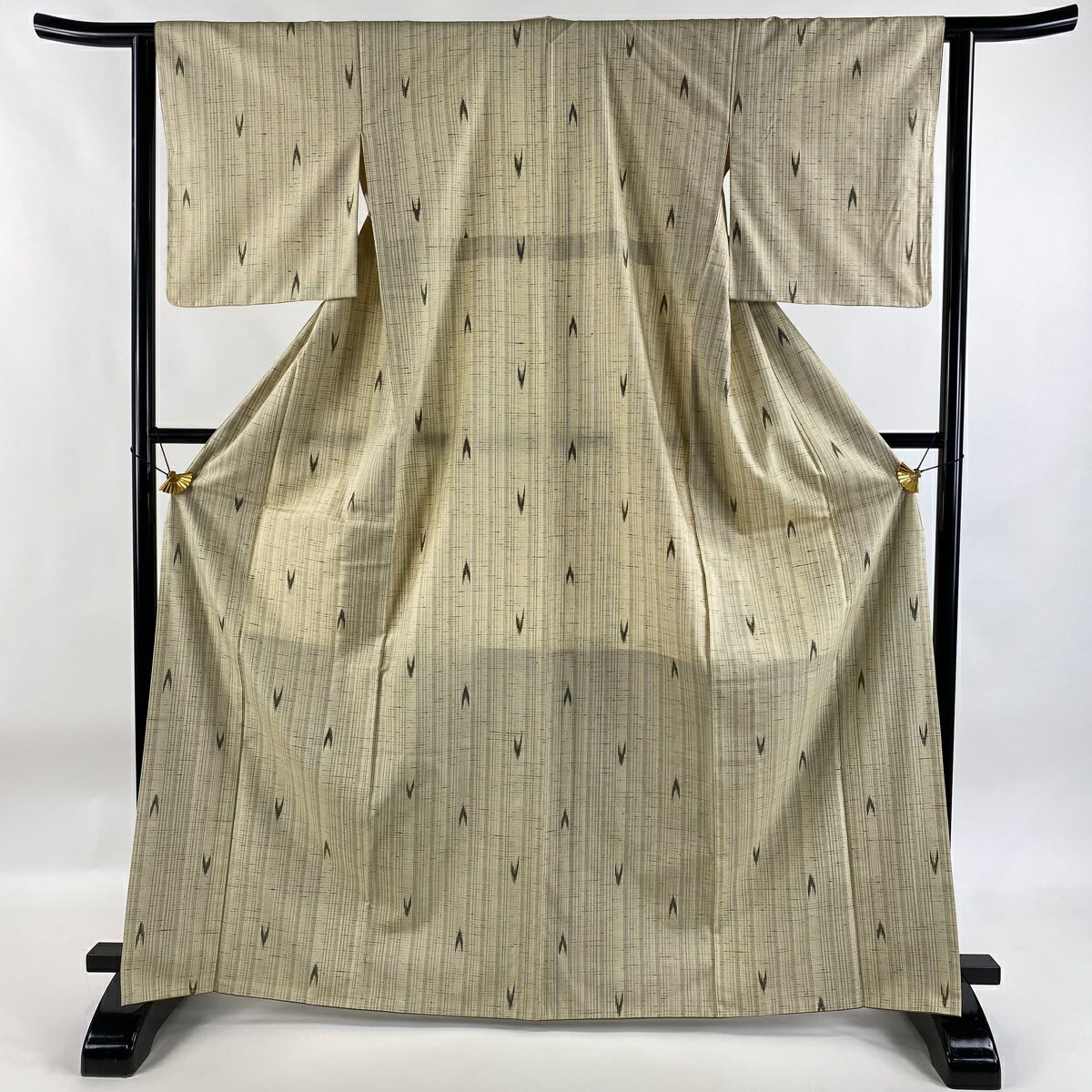 【美品】 紬織 身長166.5cm 袖長62cm S 雙層 袋帶套裝 垂直條紋 幾何圖案 米色 純蠶絲 名品級