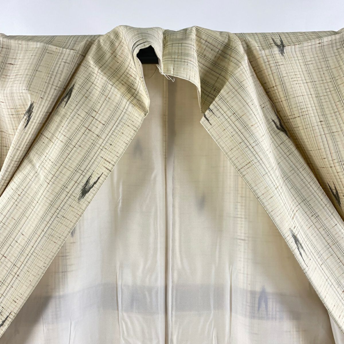 【美品】 紬織 身長166.5cm 袖長62cm S 雙層 袋帶套裝 垂直條紋 幾何圖案 米色 純蠶絲 名品級