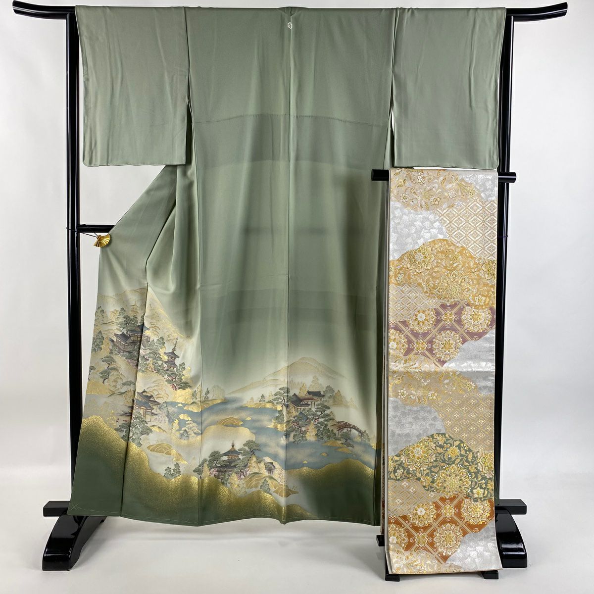 色留袖禮服 身長160cm 袖長64cm M 雙層 袋帶套裝 高野山水圖 建築 金絲 漸層 灰綠 純蠶絲 秀品級 一個紋