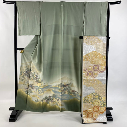色留袖禮服 身長160cm 袖長64cm M 雙層 袋帶套裝 高野山水圖 建築 金絲 漸層 灰綠 純蠶絲 秀品級 一個紋
