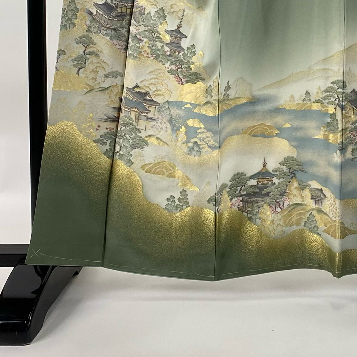 色留袖禮服 身長160cm 袖長64cm M 雙層 袋帶套裝 高野山水圖 建築 金絲 漸層 灰綠 純蠶絲 秀品級 一個紋