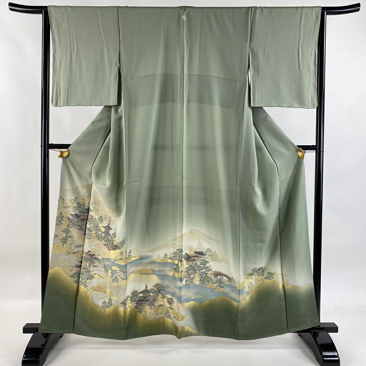 色留袖禮服 身長160cm 袖長64cm M 雙層 袋帶套裝 高野山水圖 建築 金絲 漸層 灰綠 純蠶絲 秀品級 一個紋