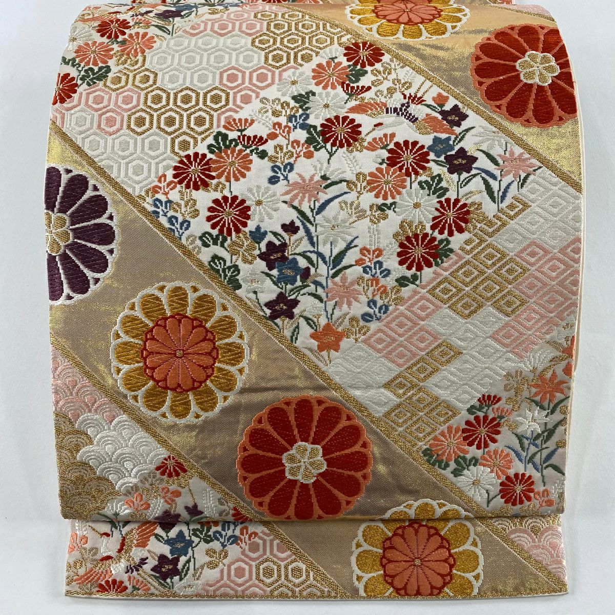 袋帶 秀品級 菊花 花鳥 唐織 金絲 奶油 六通 純蠶絲