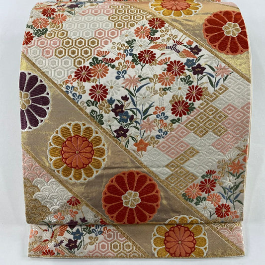 袋帶 秀品級 菊花 花鳥 唐織 金絲 奶油 六通 純蠶絲